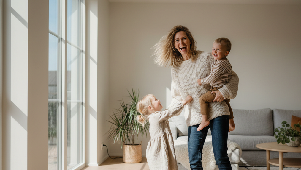 Trendy european lifestyle mother of young kids enjoying her home laughinh1621243260e1af0c20-0